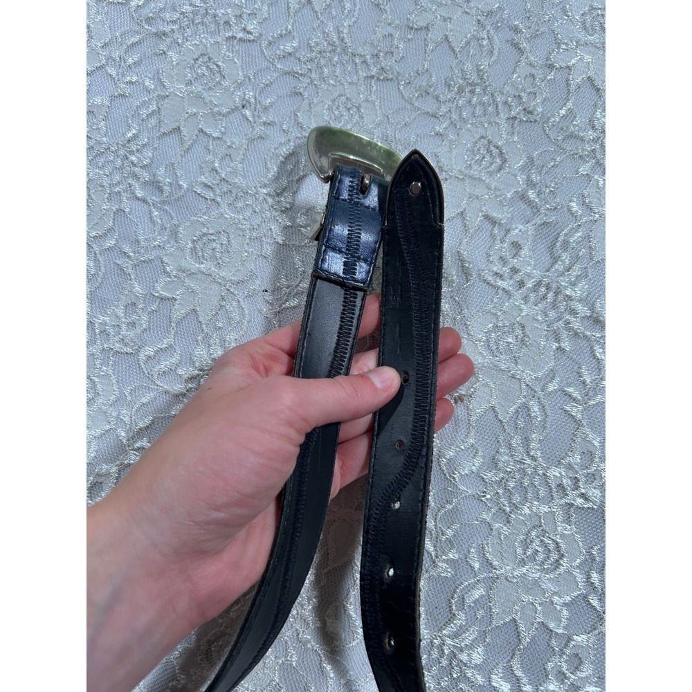 Vintage Navy Blue Leather Western Belt Silver M Ranch Boho Festival Cowboy - Picture 8 of 10